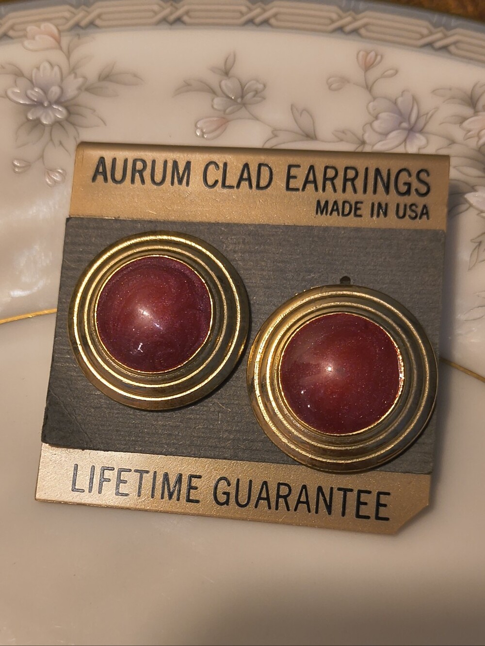 Vintage Aurum Clad Round Earrings Gold Plated Orange Marbleized Lucite